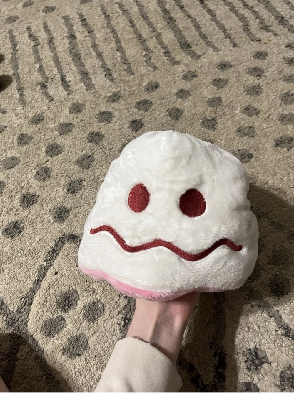 Cute White Plush Kids Hat with Pink Trim and Red Face